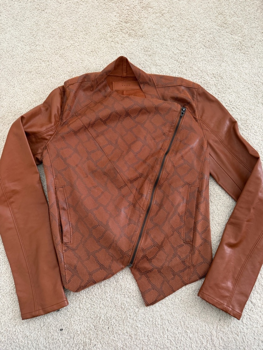 BlankNYC Brown Faux Leather Snake Print Asymmetrical Leather Jacket, XS
